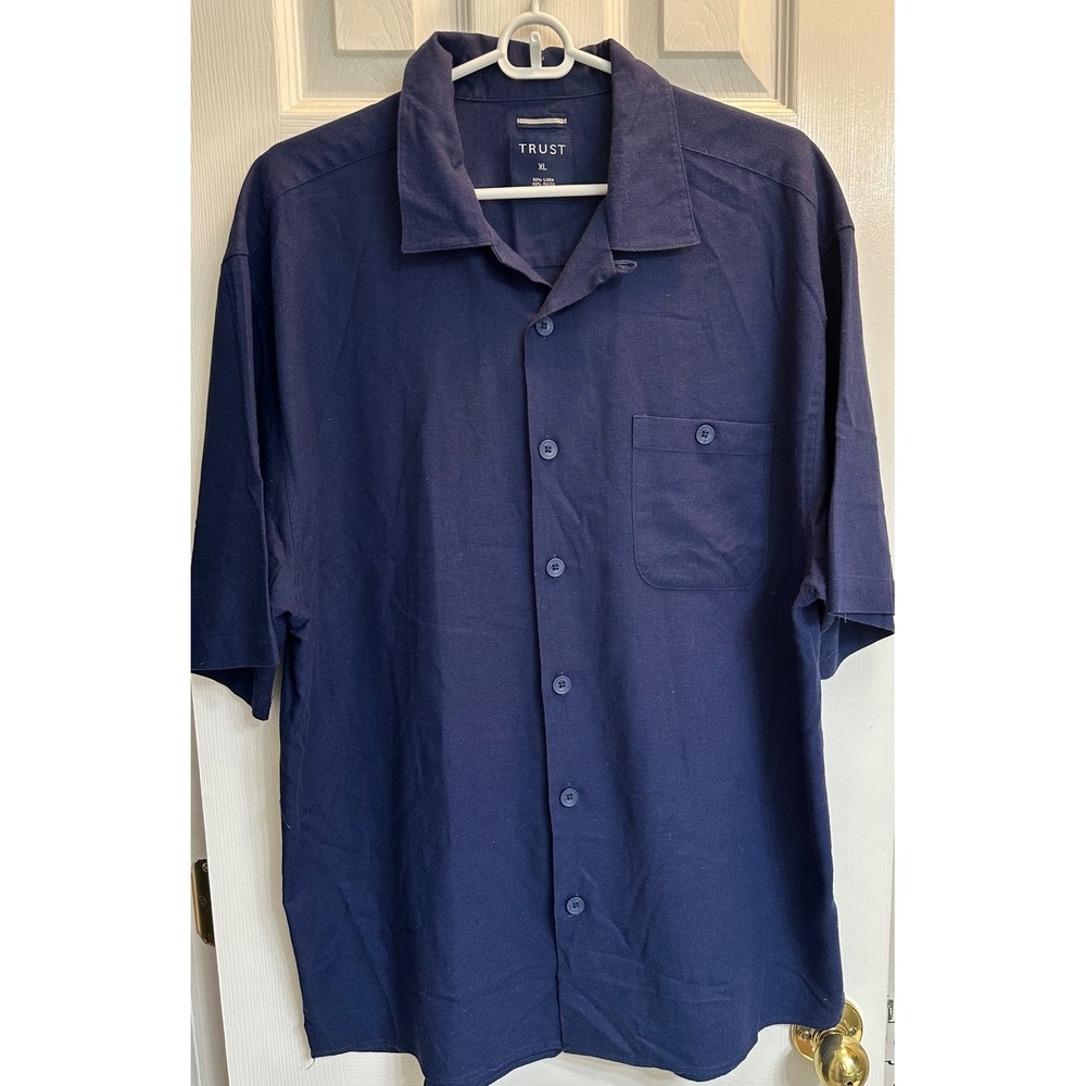 Trust Mens XL Navy Blue Linen Rayon Blend Short Sleeve Button Down Camp Shirt